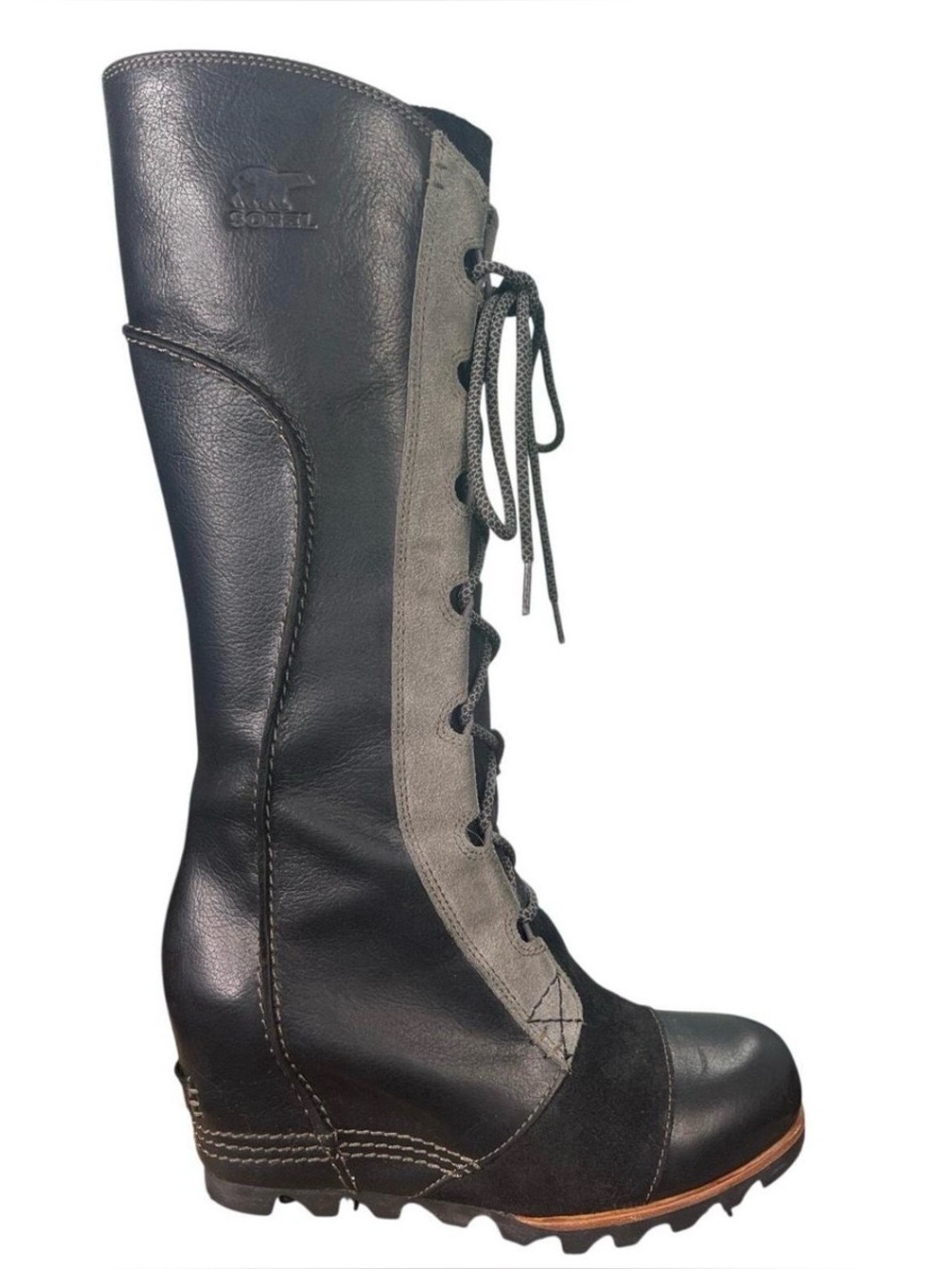 SOREL Kate the Great Knee High Lace Up Wedge Boots Black Gray Size 9 NWOB